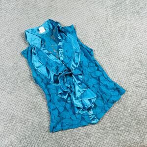 Vintage y2k blue sleeveless ruffle silky collar office siren blouse tank top L